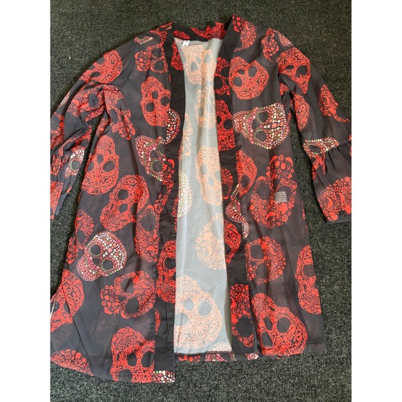 Nextmia Sweaters - Nextmia Red Black Sugar Skull Print Sheer Kimono Cardigan Bell Sleeve 2XL